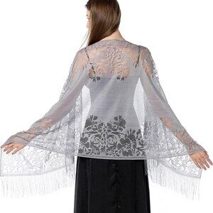 Women's Floral Lace Shawl with Tassels, Soft Mesh Fringe Wraps for Wedding Eveni
